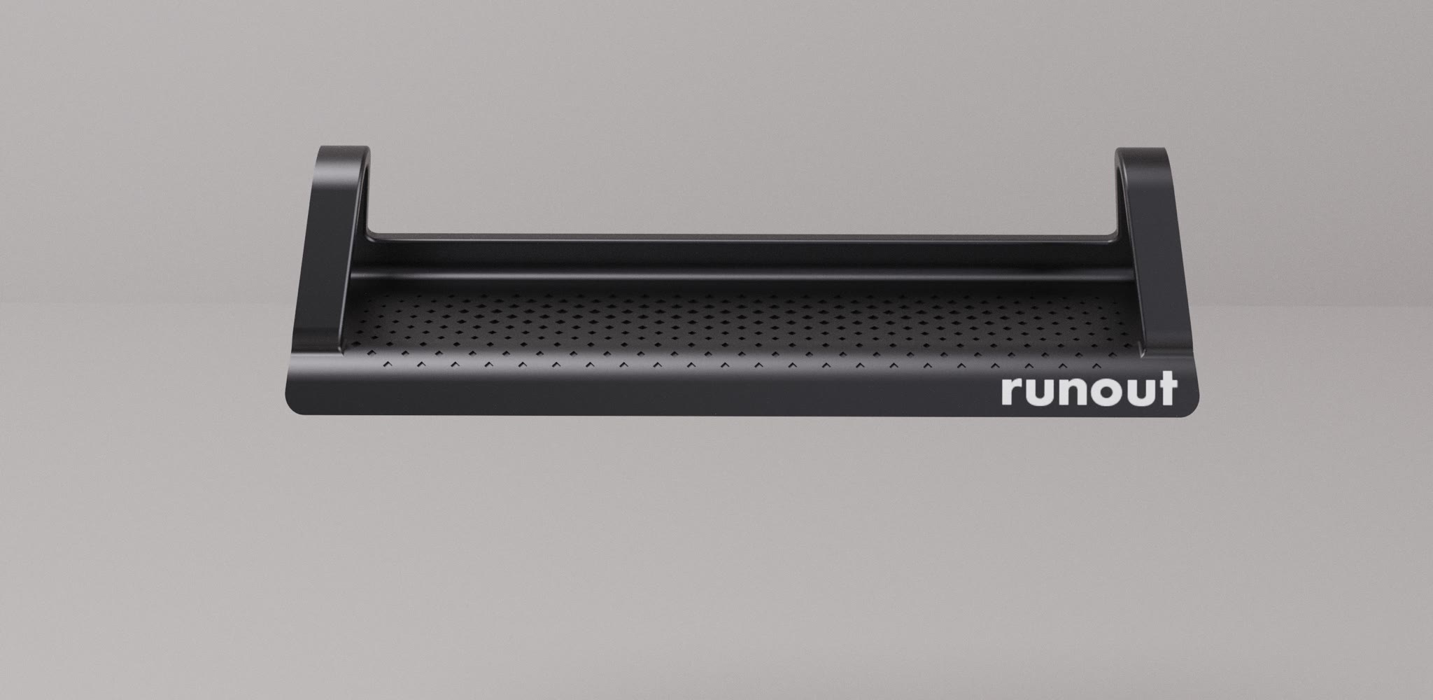 Runout Ultralight 20 mm climbing edge, front view: a slim black aluminium bar with a perforated grip surface